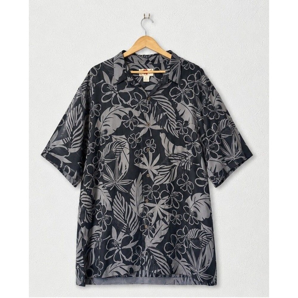Hilo Hattie Hawaiian Aloha Floral Shirt 2XLarge Blue 100% Silk Tropical Pocket